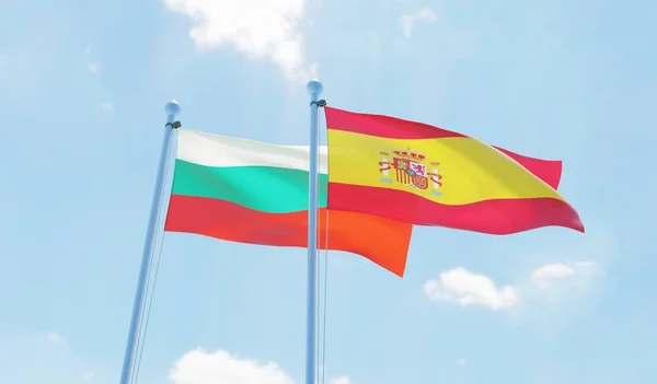 Hiszpanii Bułgarii Dwie Flagi Macha Przeciw Błękitne Niebo Obraz — Zdjęcie stockowe