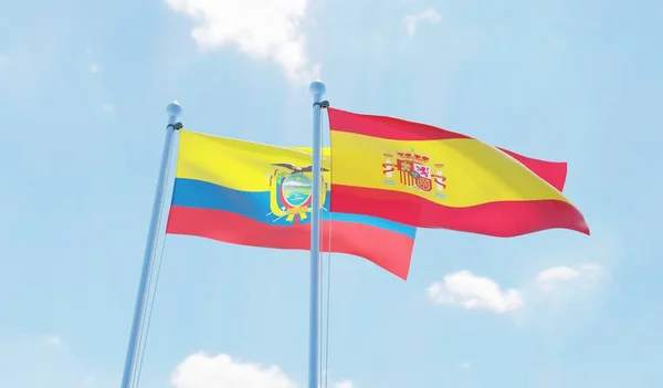 西班牙和厄瓜多尔 两个旗帜挥舞着蓝天 — 图库照片