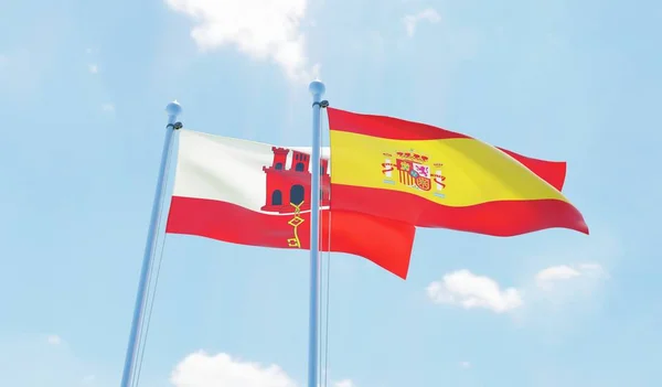 西班牙和直布罗陀 两个旗帜挥舞着蓝天 — 图库照片