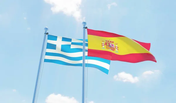 西班牙和希腊两旗飘扬在蓝天上 — 图库照片