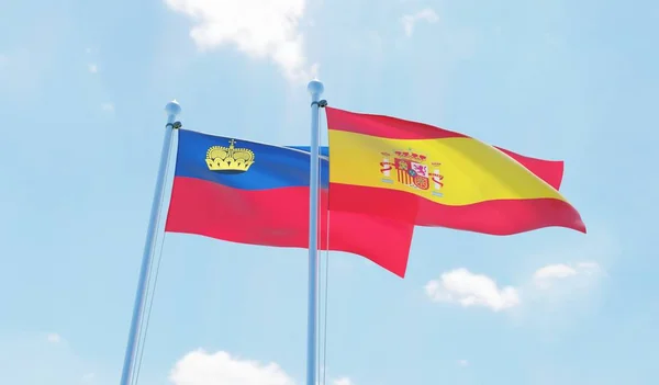 西班牙和列支敦士登 两个旗帜挥舞着蓝天 — 图库照片
