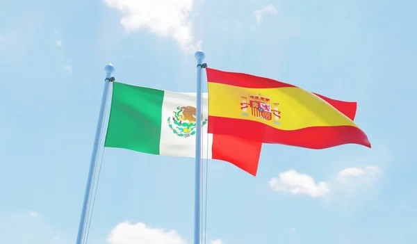 Hiszpania Meksyk Dwie Flagi Macha Przeciw Błękitne Niebo Obraz — Zdjęcie stockowe