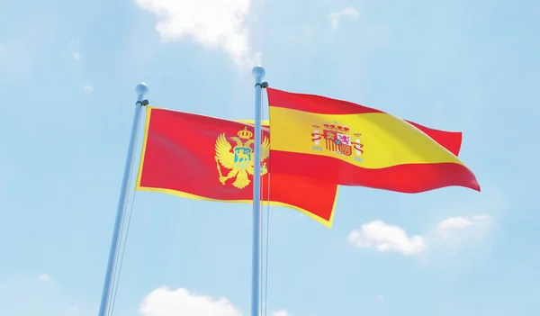 Hiszpania Czarnogóra Dwie Flagi Macha Przeciw Błękitne Niebo Obraz — Zdjęcie stockowe