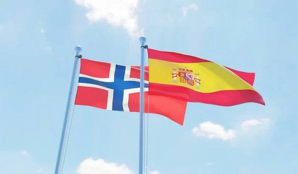 Španělsko Norsko Dva Vlají Proti Modré Obloze Obrázek — Stock fotografie