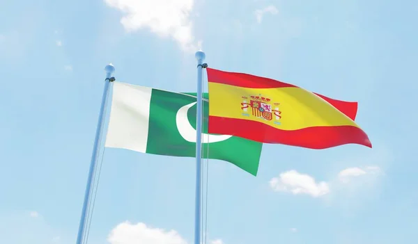 Španělsko Pákistán Dva Vlají Proti Modré Obloze Obrázek — Stock fotografie