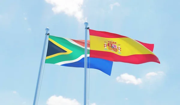 西班牙和南非 两个旗帜挥舞着蓝天 — 图库照片