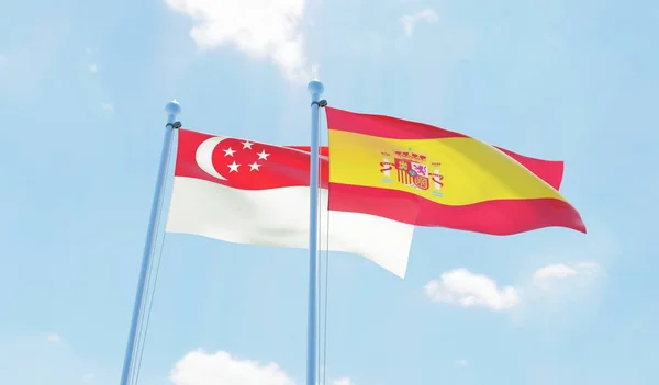 スペインとシンガポール 青空を振って つのフラグ イメージ — ストック写真