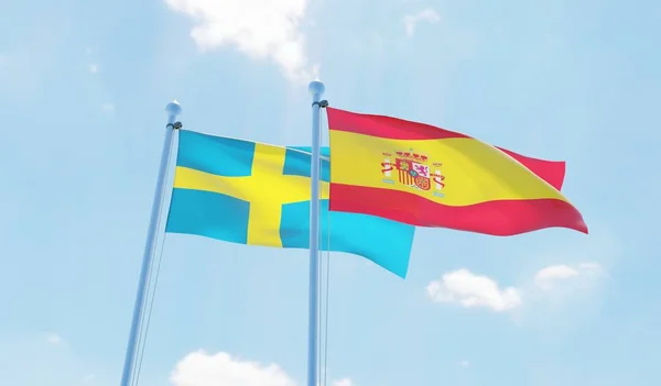 西班牙和瑞典 两个旗帜挥舞着蓝天 — 图库照片