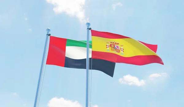 Hiszpania Zjednoczone Emiraty Arabskie Dwie Flagi Macha Przeciw Błękitne Niebo — Zdjęcie stockowe