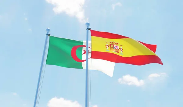 西班牙和阿尔及利亚 两旗飘扬在蓝天上 — 图库照片