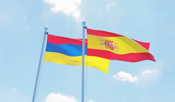 西班牙和亚美尼亚 两个旗帜挥舞着蓝天 — 图库照片