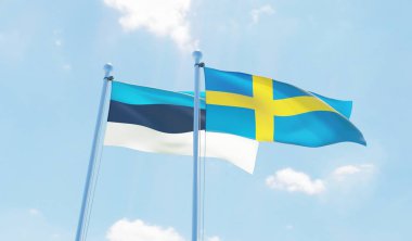 İsveç ve Estonya, iki bayrak sallayarak karşı mavi gökyüzü. 3D görüntü