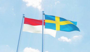 İsveç ve Monaco, iki bayrak sallayarak karşı mavi gökyüzü. 3D görüntü