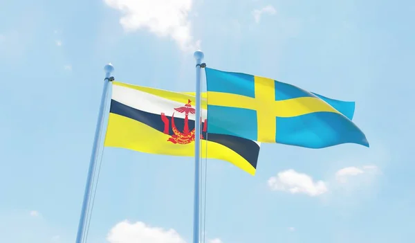 Szwecja Brunei Dwie Flagi Macha Przeciw Błękitne Niebo Obraz — Zdjęcie stockowe