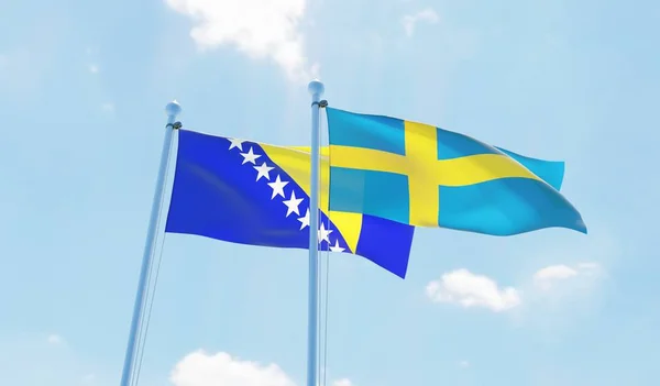 Szwecja Bośnia Hercegowina Dwie Flagi Macha Przeciw Błękitne Niebo Obraz — Zdjęcie stockowe