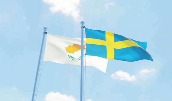 瑞典和塞浦路斯 两个旗帜挥舞着蓝天 — 图库照片