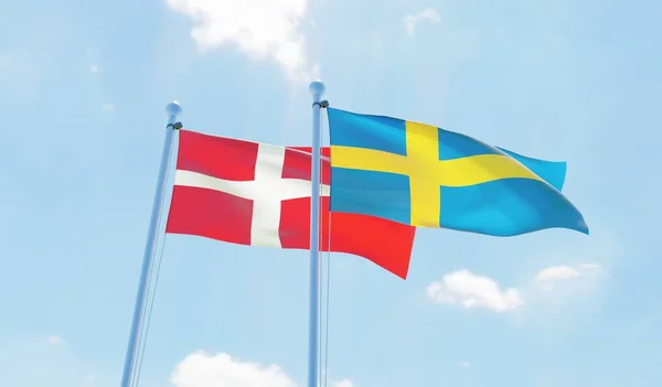 瑞典和丹麦 两个旗帜挥舞着蓝天 — 图库照片