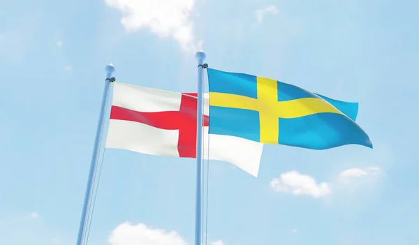 Suecia Inglaterra Dos Banderas Ondeando Contra Cielo Azul Imagen — Foto de Stock