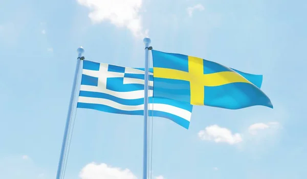 Suecia Grecia Dos Banderas Ondeando Contra Cielo Azul Imagen —  Fotos de Stock