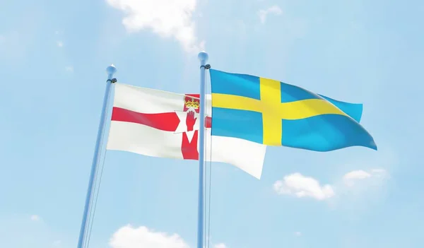 Suecia Irlanda Del Norte Dos Banderas Ondeando Contra Cielo Azul — Foto de Stock