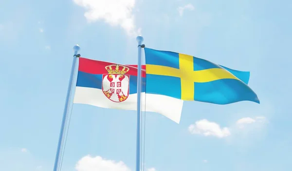 Szwecja Serbii Dwie Flagi Macha Przeciw Błękitne Niebo Obraz — Zdjęcie stockowe