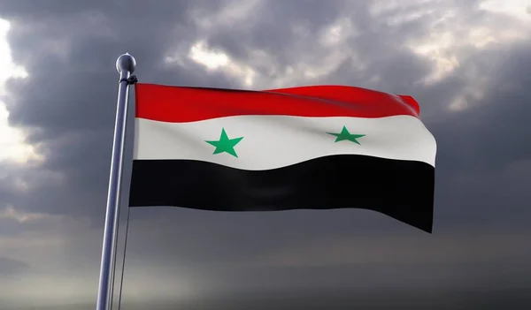 Flaga Syrii Przeciwko Ciemnym Zachmurzone Niebo Obraz — Zdjęcie stockowe