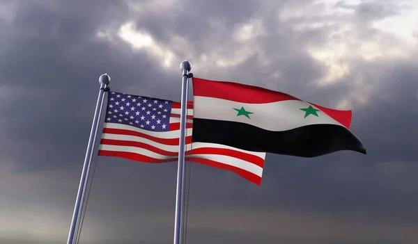 Syria Usa Two Flags Waving Dark Cloudy Sky Image — Stock Photo, Image