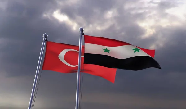 Syria Turkey Two Flags Waving Dark Cloudy Sky Image — Stock Photo, Image