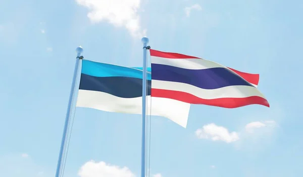 Tailandia Estonia Dos Banderas Ondeando Contra Cielo Azul Imagen —  Fotos de Stock