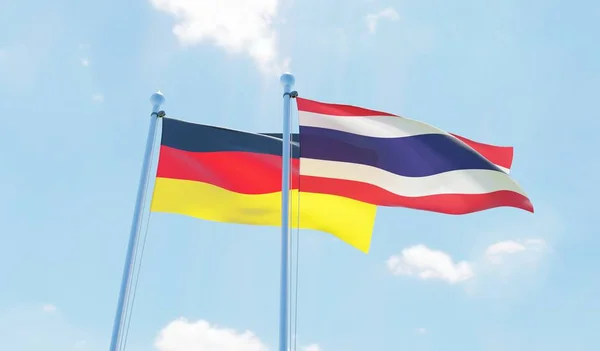 Tajlandia Niemcy Dwie Flagi Macha Przeciw Błękitne Niebo Obraz — Zdjęcie stockowe