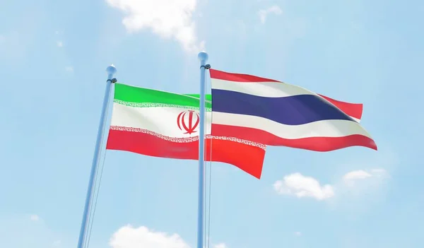 Thailand Iran Twee Vlaggen Zwaaien Tegen Blauwe Hemel Afbeelding — Stockfoto