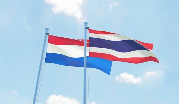 Thaïlande Pays Bas Deux Drapeaux Agitant Contre Ciel Bleu Image — Photo