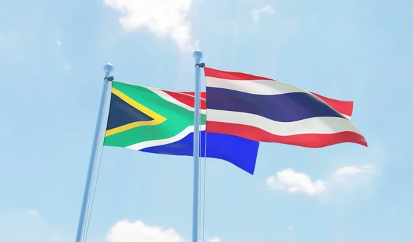 Tailandia Sudáfrica Dos Banderas Ondeando Contra Cielo Azul Imagen — Foto de Stock