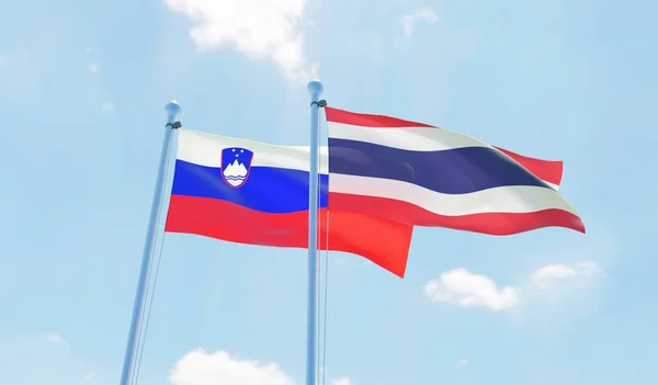 Thaïlande Slovénie Deux Drapeaux Agitant Contre Ciel Bleu Image — Photo