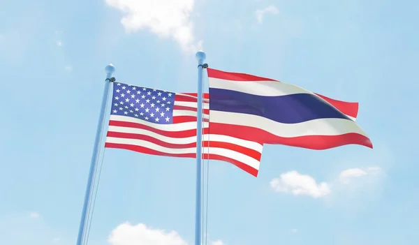 Tailandia Estados Unidos Dos Banderas Ondeando Contra Cielo Azul Imagen — Foto de Stock