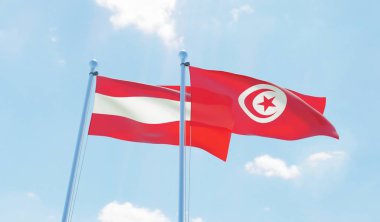 Tunus ve Avusturya, iki bayrak sallayarak karşı mavi gökyüzü. 3D görüntü