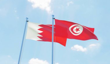 Tunus ve Bahreyn, iki bayrak sallayarak karşı mavi gökyüzü. 3D görüntü