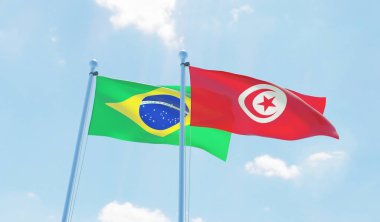 Tunus ve Brezilya, iki bayrak sallayarak karşı mavi gökyüzü. 3D görüntü