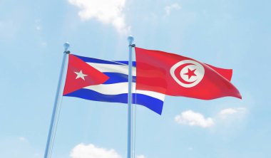 Tunus ve Küba, iki bayrak sallayarak karşı mavi gökyüzü. 3D görüntü