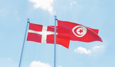 Tunus ve Danimarka, iki bayrak sallayarak karşı mavi gökyüzü. 3D görüntü