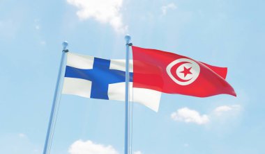 Tunus ve Finlandiya, iki bayrak sallayarak karşı mavi gökyüzü. 3D görüntü