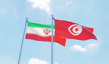 Tunus ve Iran, iki bayrak sallayarak karşı mavi gökyüzü. 3D görüntü