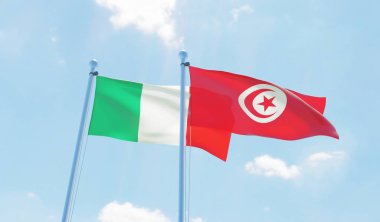 Tunus ve İtalya, iki bayrak sallayarak karşı mavi gökyüzü. 3D görüntü