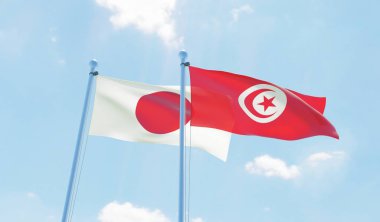 Tunus ve Japonya, iki bayrak sallayarak karşı mavi gökyüzü. 3D görüntü