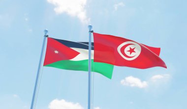 Tunus ve Jordan, iki bayrak sallayarak karşı mavi gökyüzü. 3D görüntü