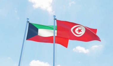 Tunus ve Kuveyt, iki bayrak sallayarak karşı mavi gökyüzü. 3D görüntü