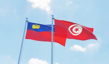 Tunus ve Liechtenstein, iki bayrak sallayarak karşı mavi gökyüzü. 3D görüntü