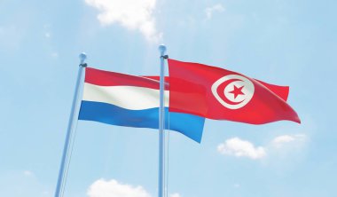 Tunus ve Hollanda, iki bayrak sallayarak karşı mavi gökyüzü. 3D görüntü