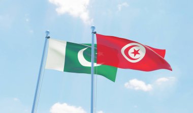 Tunus ve Pakistan, iki bayrak sallayarak karşı mavi gökyüzü. 3D görüntü