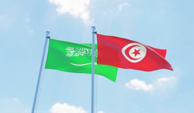 Tunus ve Suudi Arabistan, iki bayrak sallayarak karşı mavi gökyüzü. 3D görüntü